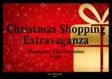Event ticket graphic for Christmas Shopping Extravaganza 2026, with gold lettering and gift motif on a red snowflake pattern.