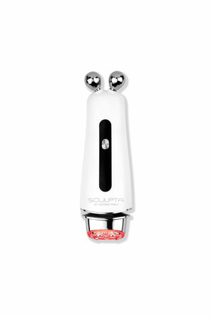 Sculpta by Déesse PRO white handheld facial rejuvenation device with dual silver spheres and red light therapy panel.
