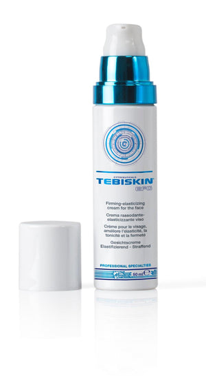 Tebiskin EGF Face Cream in a white and blue plastic pump bottle with a detached white cap, labeled for firming-elasticizing face cream.