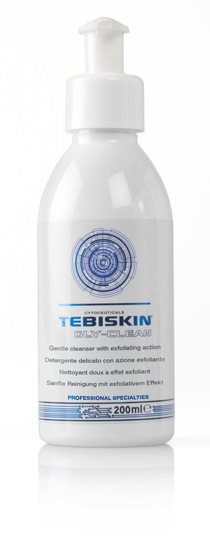 Tebiskin Gly-Clean white plastic pump bottle with blue and grey text, 200ml gentle exfoliating facial cleanser