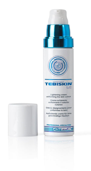 Tebiskin LC white and blue plastic pump bottle with removed cap, featuring circular logo and product text on front label.