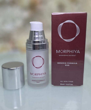Morphiya Exosomes Genesis Formula SOS serum bottle with silver pump and matching maroon packaging box featuring clean white logo and text design.