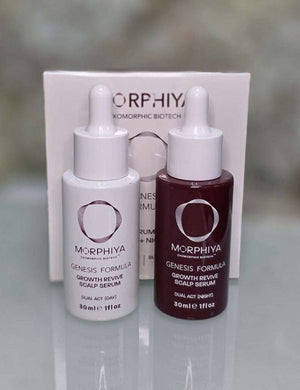 Morphiya Exosomes Growth Revive Scalp Serum features dual 30ml bottles, one white day serum and one maroon night serum with dropper caps.