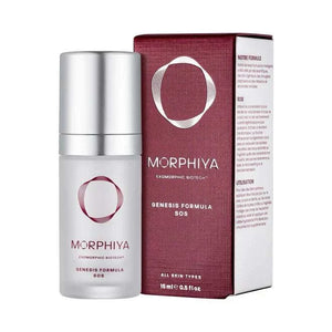 Morphiya Exosomes Genesis Formula SOS serum in a frosted glass bottle with silver cap and dark red packaging box, 15ml size