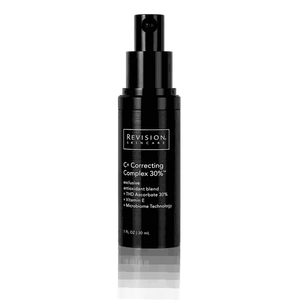 Revision Skincare C+ Correcting Complex black cylindrical pump bottle with white text and clear bottom, 30ml serum packaging