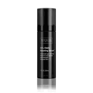 Revision Skincare D.E.J Daily Boosting Serum in a sleek black pump bottle with white text, designed for advanced age-defying skincare.