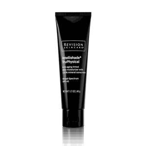 Revision Skincare black plastic tube of Intellishade TruPhysical tinted moisturizer with white text and black cap.