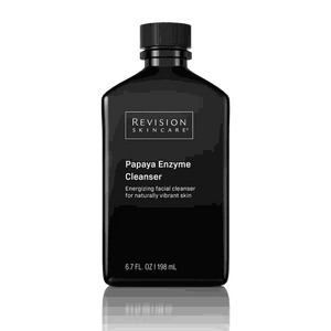 Revision Skincare Papaya Enzyme Cleanser in a black plastic bottle with white text and a screw cap, 198ml size.