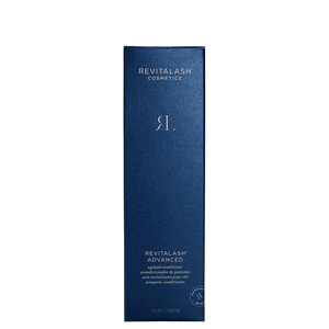RevitaLash Advanced eyelash conditioner packaging in dark blue with silver text and logo, sleek rectangular box design.