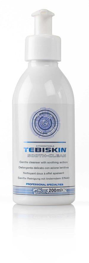 Tebiskin Sooth-Clean white plastic pump bottle with blue text and circular logo, 200ml gentle cleansing foam container