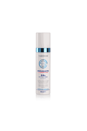 Tebiskin Rosagate Day & Night Cream in a white and blue plastic bottle with a clear cap, 50ml size, featuring product branding and text.