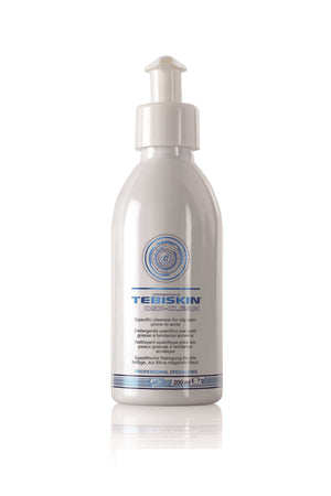 Tebiskin OSK-Clean white plastic pump bottle featuring blue and gray text and circular logo design, 200ml capacity.