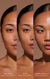 Sunscreen, Airyday Bronze Glow Dreamscreen, sheer bronze tint with a luminous satin finish shown on skin without, with and under makeup.