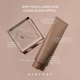 Airyday Clear As Day Dreamscreen SPF50+ face sunscreen in a bronze tube, with clear gel and a transparent swatch.