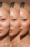 Three-panel comparison showing skin without Airyday Pearl Glow SPF50+, with Pearl Glow applied and underneath makeup.