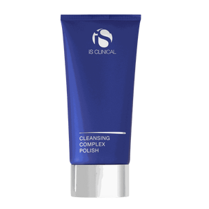 iS Clinical Cleansing Complex Polish in a matte royal blue tube with white text and a metallic silver cap, sleek and minimalistic design.