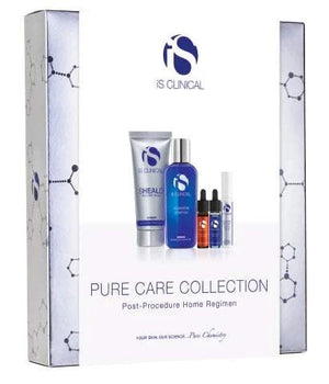 iS Clinical Pure Care Collection featuring blue and silver bottles and tubes with minimalist molecular design on packaging for post-procedure skincare.