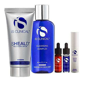 iS Clinical Pure Care Collection featuring silver, blue, and white bottles and tubes with minimalist branding for sensitive skin care.