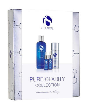 iS Clinical Pure Clarity skincare collection box featuring blue and silver bottles with clear, minimalistic branding and molecular design accents.