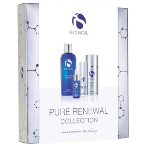 iS Clinical Pure Renewal skincare set with blue and silver bottles featuring cleansing complex and serums in a white box