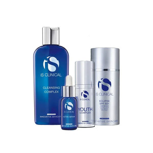 iS Clinical Pure Renewal skincare collection featuring blue and silver bottles with white caps, including cleansing complex and serums.