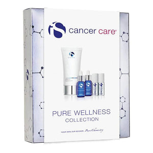 iS Clinical Pure Wellness Collection skincare set with a white cream cleanser tube and blue and silver serum bottles in cancer care packaging