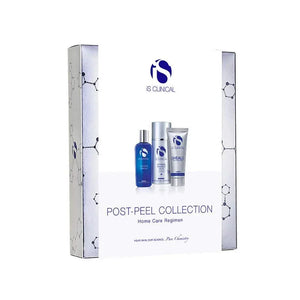 iS Clinical Post Peel skincare set featuring blue, silver, and grey bottles in a white box with molecular design accents