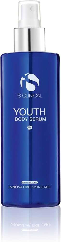 Blue plastic spray bottle of iS Clinical Youth Body Serum with white text and silver spray nozzle, sleek modern design.