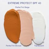 iS Clinical Extreme Protect SPF 40 swatches showing three shades: PerfecTint Bronze, PerfecTint Beige, and Translucent in creamy texture