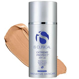 iS Clinical Extreme Protect SPF 40 broad-spectrum facial sunscreen in silver bottle with beige cream swatch behind
