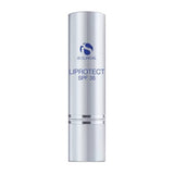 iS Clinical LiProtect SPF 35 silver metallic lip balm tube with blue branding and clear cap providing broad-spectrum lip protection