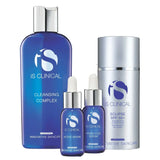 iS Clinical Pure Clarity skincare set with blue and silver bottles including Cleansing Complex, Active Serum, Hydra-Cool Serum, and Eclipse SPF 50+