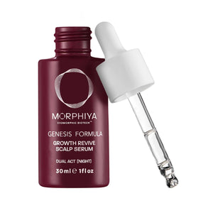 Morphiya Exosomes Growth Revive Scalp Serum in a burgundy glass bottle with white text, featuring a white dropper cap and clear liquid.