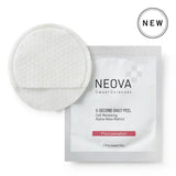 NEOVA 5-Second Daily Peel exfoliating pad in a silver foil sachet, with a white textured round pad and red label.