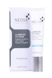 NEOVA Illuminating Eye Serum in a white tube and matching box, with grey text, silver cap and turquoise accent band.