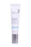 NEOVA Illuminating Eye Serum in a white plastic tube with silver cap and turquoise band, labeled brightening serum with copper peptide complex.