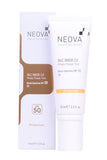 Tinted sunscreen tube and box with white packaging, tan label accents, SPF 50 and NEOVA Silc Sheer 2.0 Photo Finish Tint branding.