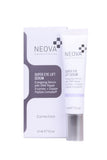 NEOVA Super Eye Lift Serum in a white tube with silver cap and matching box, featuring purple and charcoal branding.