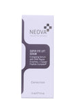 NEOVA Super Eye Lift Serum in a pale lavender rectangular carton with dark purple curved graphics and silver branding.