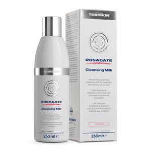 Tebiskin Rosagate Cleansing Milk bottle and box in white with silver and blue detailing, 250ml size shown.