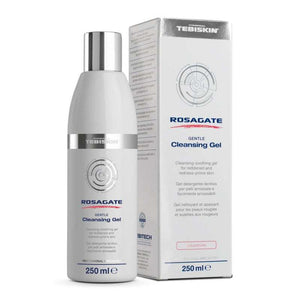 Tebiskin Rosagate Gentle Cleansing Gel bottle and white box with silver cap and blue-red text, 250ml size
