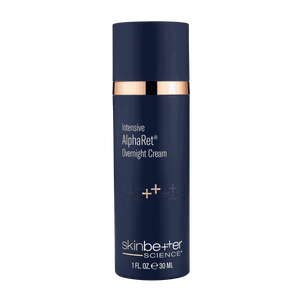 Skin Better Science AlphaRet Overnight Cream in a dark blue matte bottle with gold accent and white text, 30ml size.