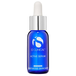 iS Clinical Active Serum in a blue glass dropper bottle with silver cap, clear liquid inside, and white branding text