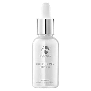 iS Clinical Brightening Serum in a white glass bottle with a silver dropper cap, clear minimalist labeling