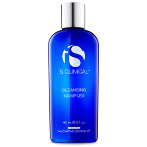 iS Clinical Cleansing Complex in a blue plastic bottle with white text and a shiny silver cap, 180ml size