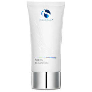 iS Clinical Cream Cleanser in a white and silver plastic tube with blue logo and text, hydrating gentle skincare product.