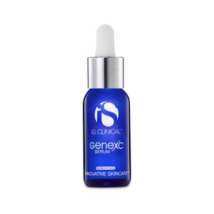 iS Clinical GenexC Serum in a blue glass bottle with a silver dropper cap, featuring white text and branding