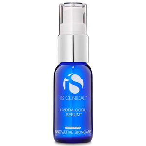 iS Clinical Hydra-Cool Serum in a blue glass bottle with white text and a silver pump dispenser for lightweight hydration and soothing care