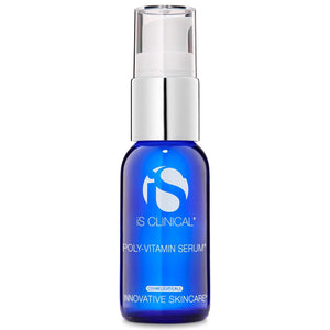 iS Clinical Poly-Vitamin Serum blue glass bottle with white and silver pump dispenser and white branding text