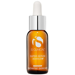 Amber glass dropper bottle of Super Serum Advance+ with white and silver dropper cap and white printed label text